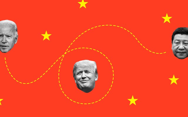 An illustration featuring the faces of Joe Biden, Donald Trump, and Xi Jinping