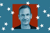 Photo of guest Mathias Döpfner against a blue background and falling white stars