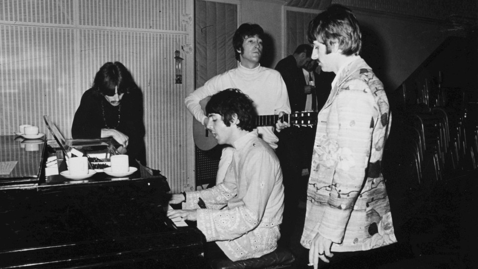 The Beatles during a recording session at EMI Studios, Abbey Road, London, in 1967. From Left: George Harrison, Paul McCartney, John Lennon, and Ringo Starr.