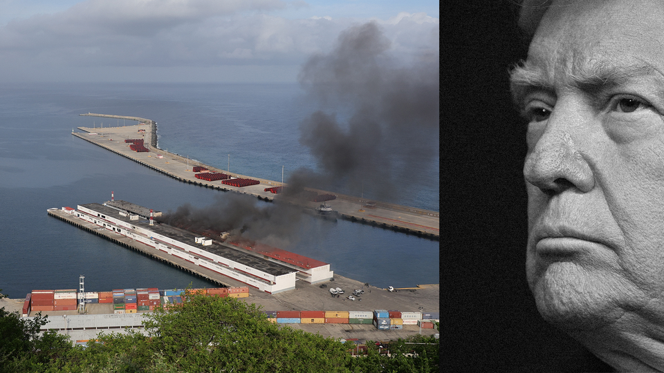 A photo of a Venezuelan harbor next to one of Donald Trump in profile