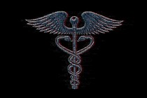 pixellated Caduceus symbol on a computer screen
