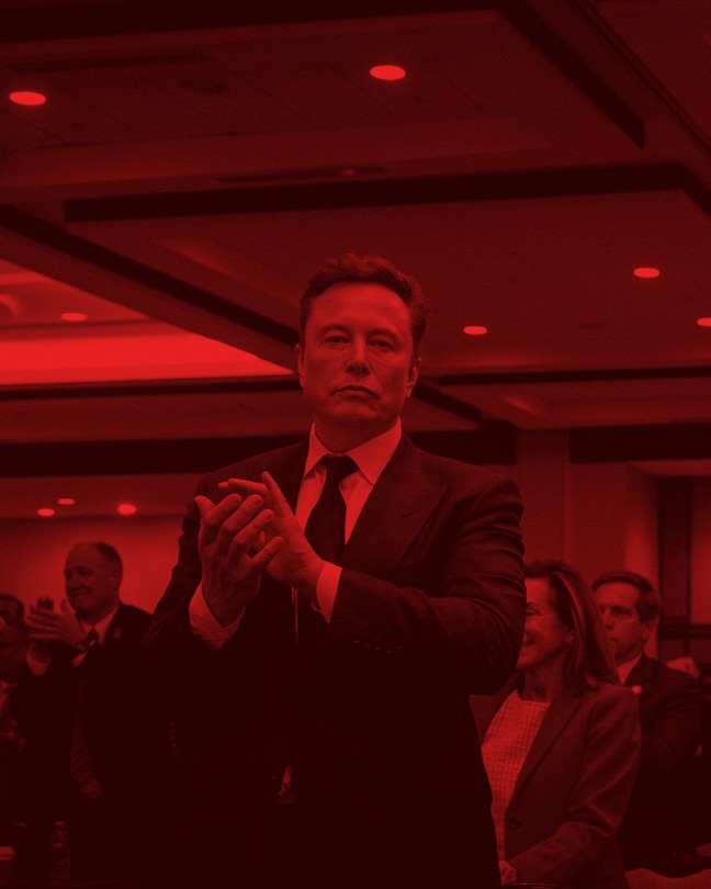 In a red image, Elon Musk claps and looks at the camera.