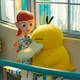 Haru and the Psyduck on a bench