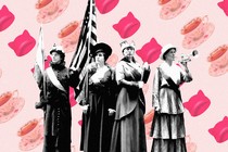 Suffragettes on a background of pussy hats and teacups