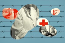 An illustration showing medical symbols behind a barbed-wire fence.