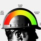 A man in a hard hat whose dome displays a spectrum of varying levels of "wokeness"