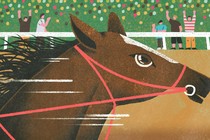 A racehorse in the foreground with friends gathered in the background