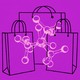 A purple illustration of shopping bags with molecules over them