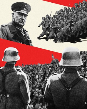 An illustration of Paul Von Hindenburg with nazi soldiers and US capitol insurrectionists