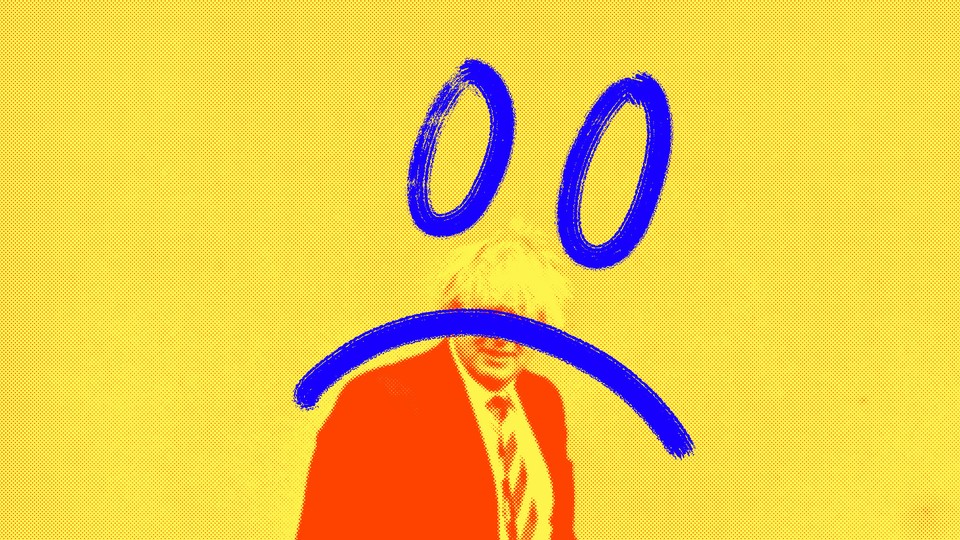 An illustration showing a sad face superimposed on an image of Boris Johnson