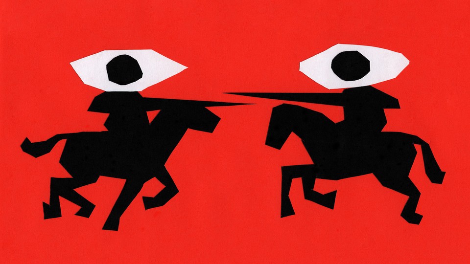 An illustration of two jousters represented by a pair of eyes.