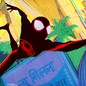 An animated Spider-Man flinging himself from one building to another in “Spider-Man: Across the Spider-Verse”