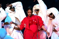 Rihanna dressed in all red at the Super Bowl Halftime Show