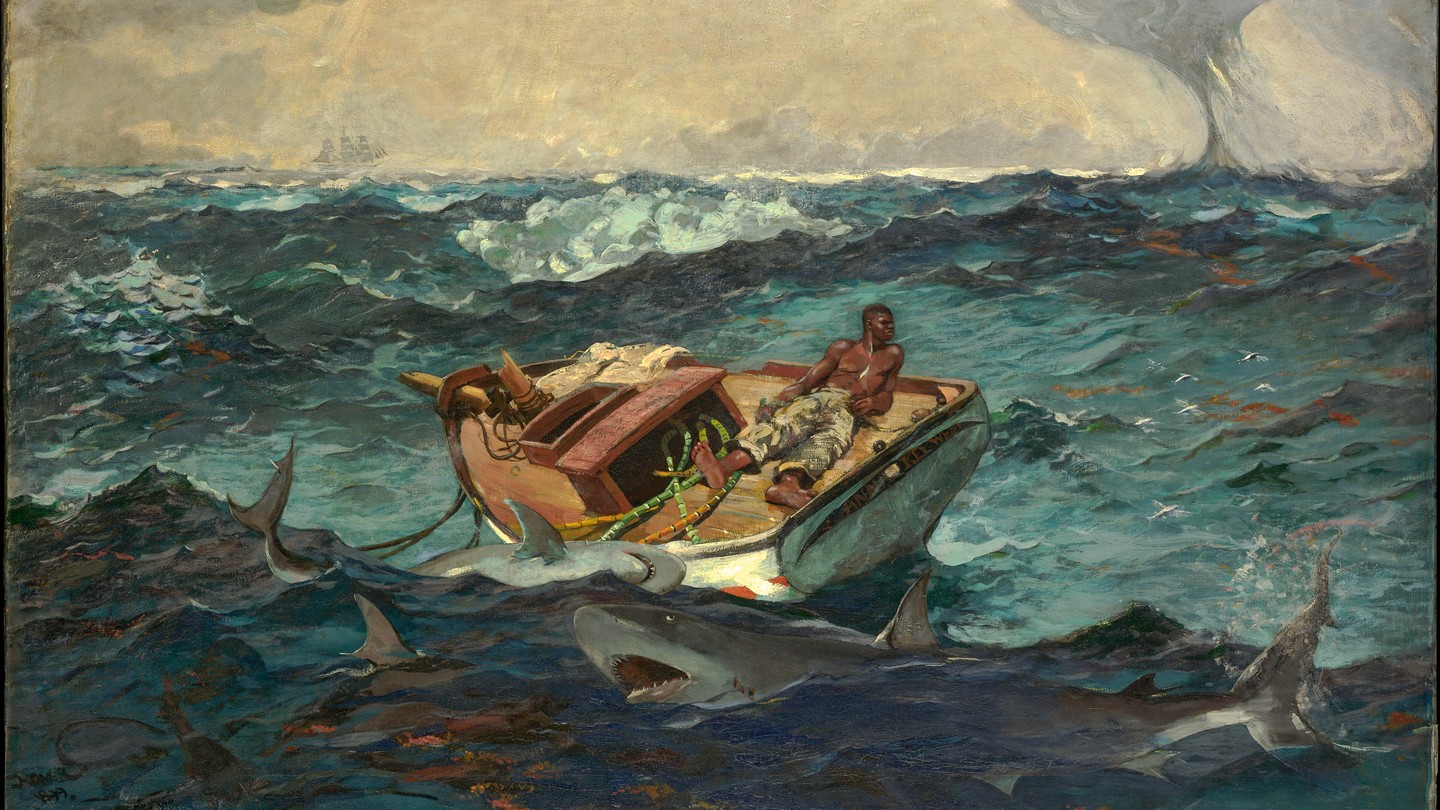 Winslow Homer's painting of rudderless, mastless small boat in rough seas surrounded by sharks, a shirtless man lying on the deck staring to the right, with ship and waterspout in distant background