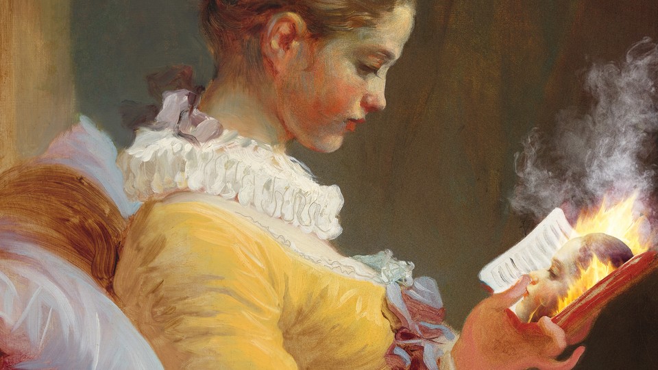 Illustration based on Fragonard's painting "Young Girl Reading" of a girl in yellow dress reading a book, with a mirror image of the girl appearing out of the book along with flames and smoke