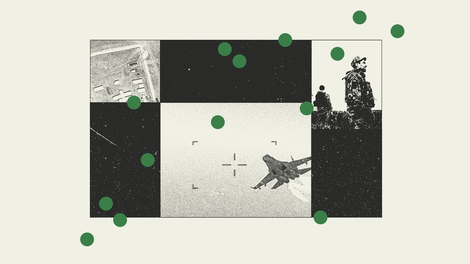 A photo-illustration featuring a satellite image, fighter jet, and Ukrainian soldiers