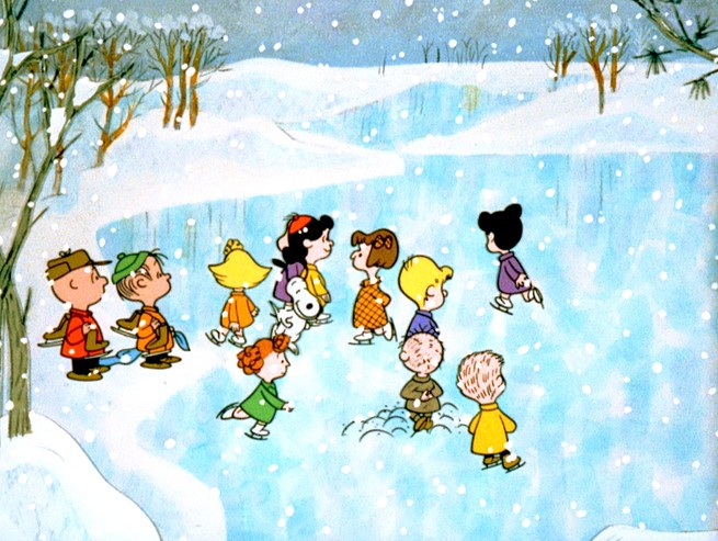 Characters from A Charlie Brown Christmas skating on a frozen lake