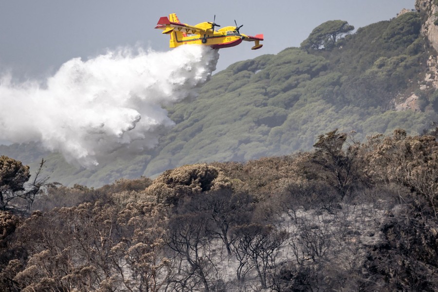 A firefighting aircraft releases water in a large plume, over a wildfire.
