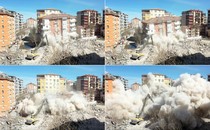 A sequence of four images shows workers using construction equipment to demolish a quake-damaged building.