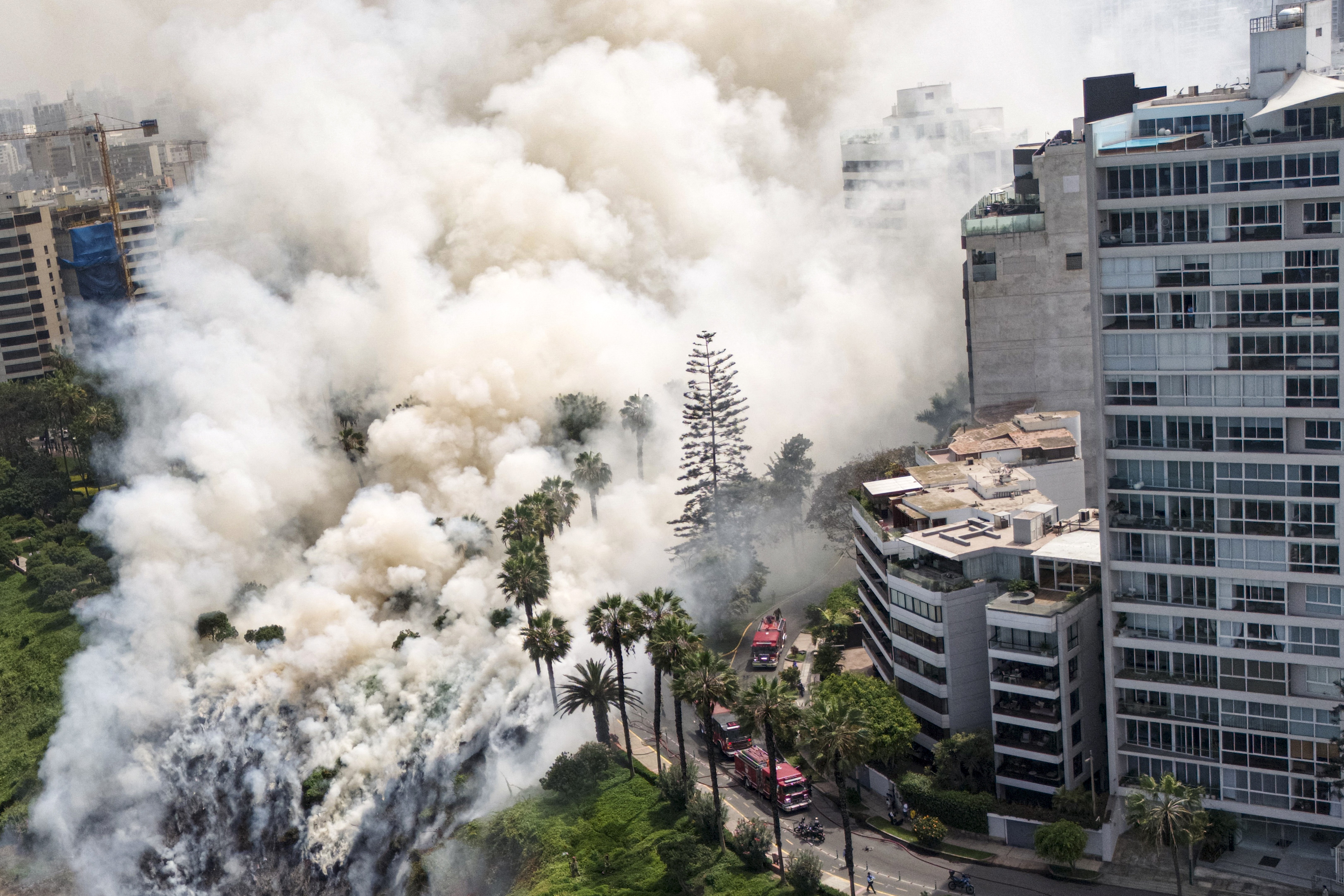 A small wildfire burns near residential buildings.