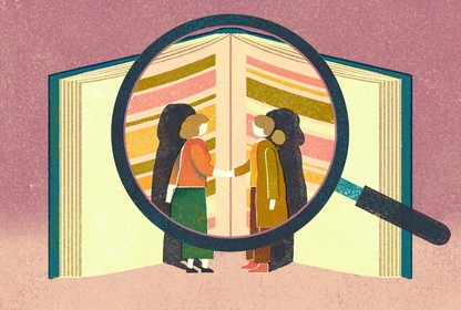 Illustration of two women shaking hands in front of an upright book. They are framed by a large magnifying glass.