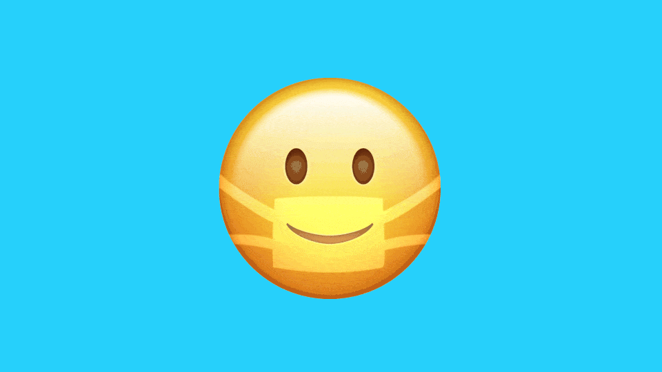 Animation of a smiley face emoji with a mask on, and then off.