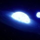An illustration of two very bright stars, glowing blue, orbiting 1,000 light-years from Earth