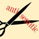 Illustration of a pair of scissors cutting the word "anti-Semitic" in half