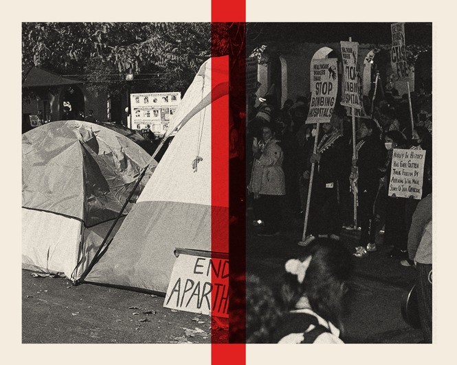 scenes from student protest; row of tents at Stanford