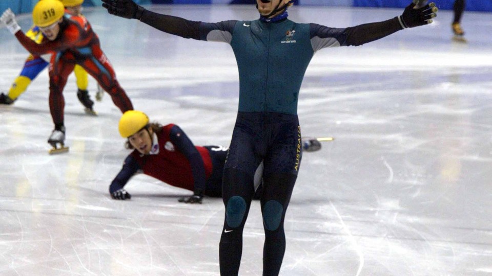 Australian speed skater Steven Bradbury does a Bradbury at the 2002 Winter Olympics.