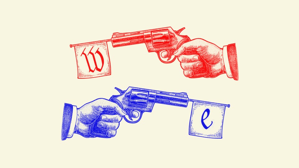 An illustration of a red gun that has a flag in its barrel with the letter "W" on it, and a blue gun with a flag featuring the letter "E"