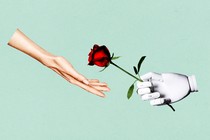 An illustration of a hand reaching out to a robot carrying a rose