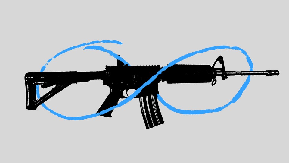 An assault rifle encircled by an infinity symbol