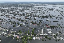 An aerial view of a flooded town