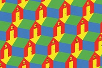 A repeated illustrated patten of red, green, and blue houses on a yellow background