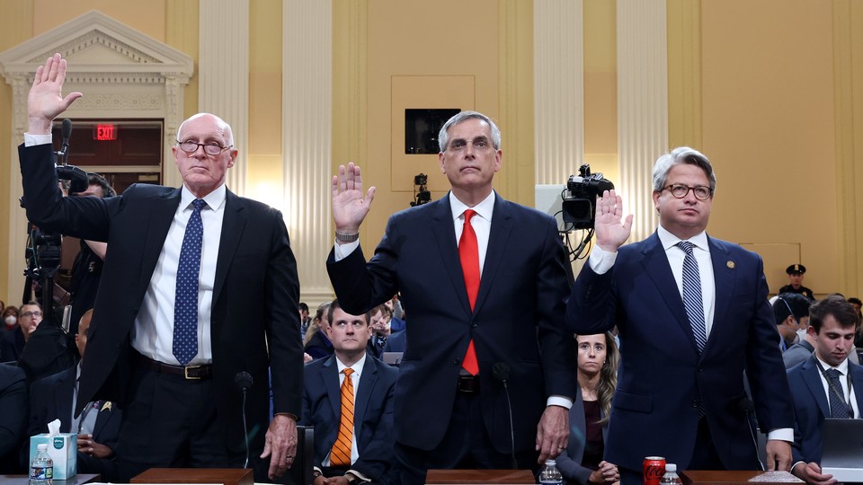 Arizona House Speaker Rusty Bowers, Georgia Secretary of State Brad Raffensperger, and Georgia Secretary of State Chief Operating Officer Gabriel Sterling are sworn in during the fourth hearing of the January 6 committee.