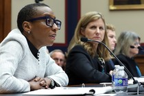 Harvard President Claudine Gay speaking to microphone in congressional hearing