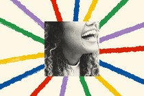 A starburst of colorful stripes extends out from a black-and-white photo of a woman's smile.
