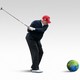 A color photo-illustration of Donald Trump in a red MAGA cap swinging a golf club at a soccer-ball-size Earth