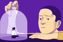 A cartoon of a man looking at a woman inside of a glass case