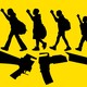 A silhouette of four students protesting on top of a broken assault rifle