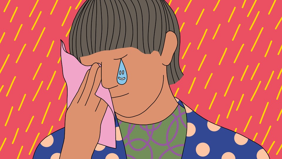 Illustration of a person holding a tissue to their face and shedding a large, smiling tear
