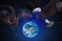 A dragon and an eagle fighting over the globe