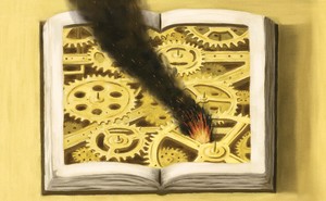 illustration of a book lying open, full of gears and cogs, with a fire starting and smoke