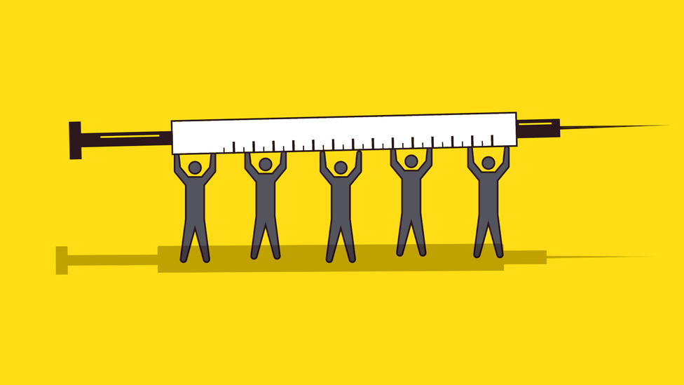 An illustration of people holding up a vaccine needle.