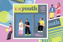 Figures converse, use the computer, and read newspapers while walking around a background of giant issues of L.A. Youth