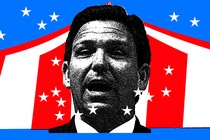 Illustration of Ron DeSantis with a backdrop of red, white, and blue with white stars.