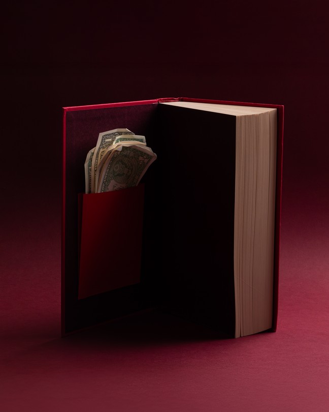 Illustration of a book open with money inside it