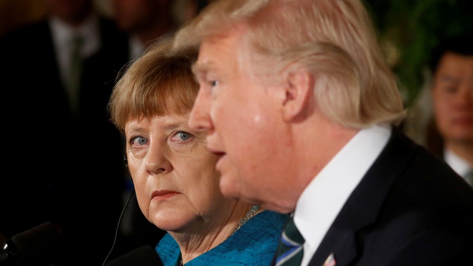 Germany's Chancellor Angela Merkel and U.S. President Donald Trump hold a joint news conference in the East Room of the White House in Washington, D.C., on March 17, 2017.