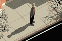 An illustration of a man standing on a sidewalk